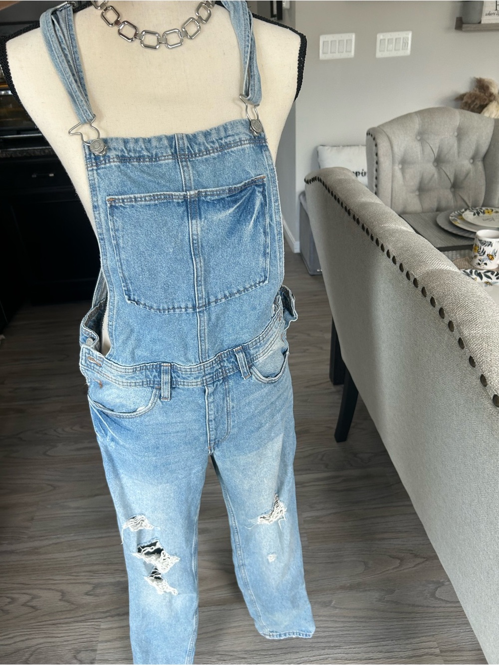 ✨ H&M Light Blue Distressed Denim Overalls